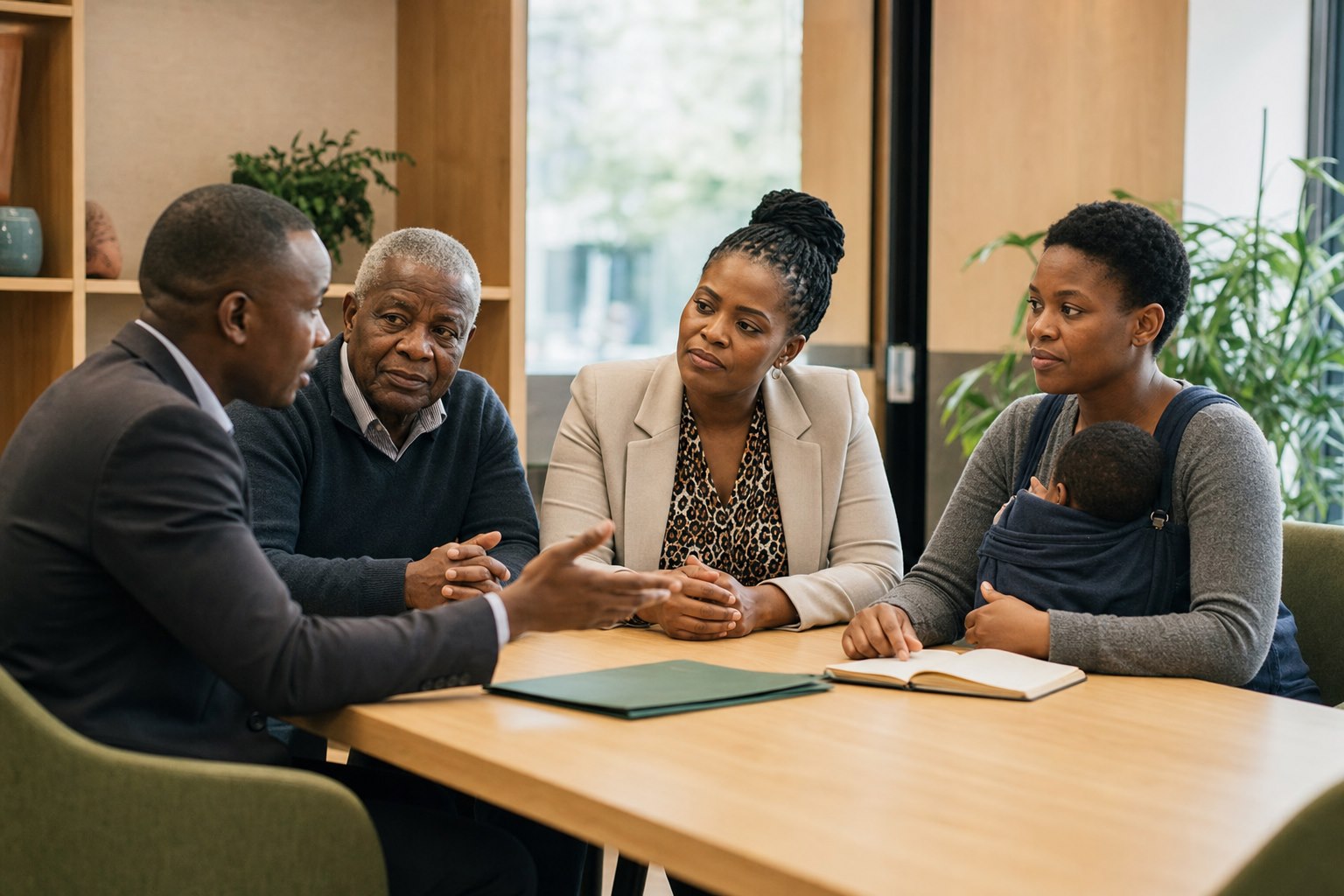 A finance adviser speaks with a pensioner, an entrepreneur, and a salaried parent.