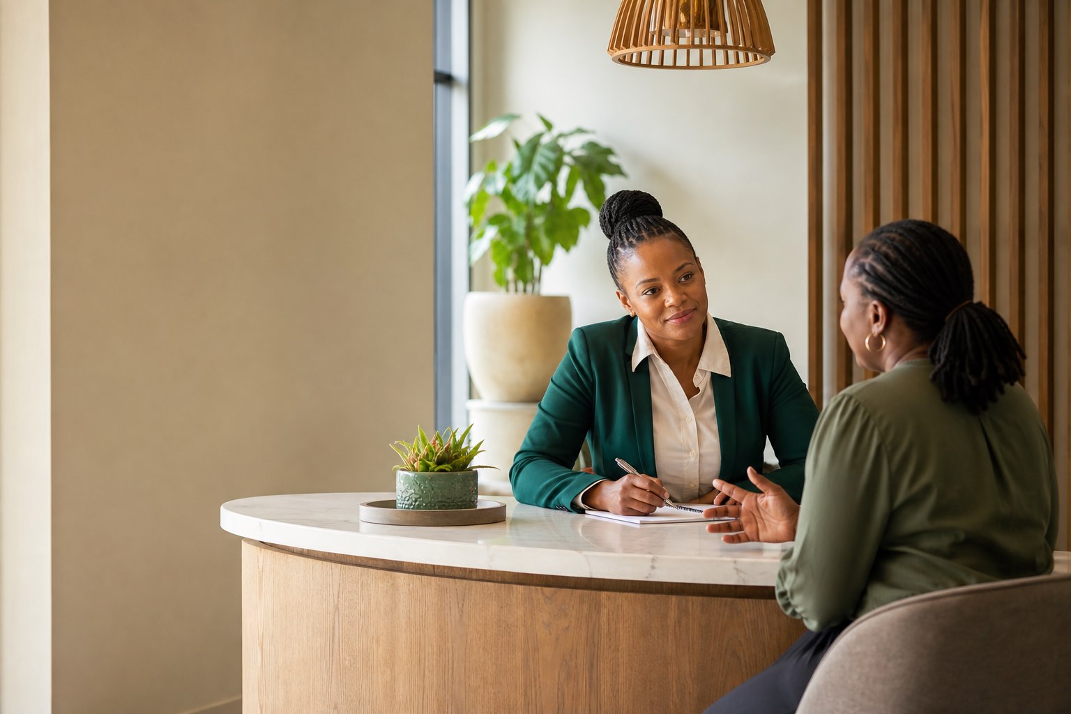 A customer-service adviser listens to an entrepreneur during an initial conversation.